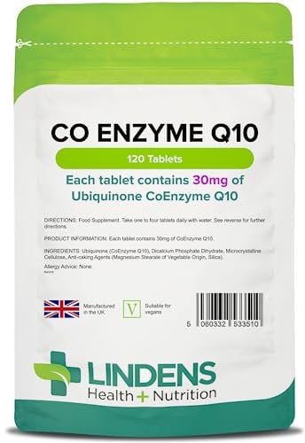 Lindens CoEnzym Q10 30 mg Tabletten | 120 Verpackung | Statine können den Spiegel von Q10 im Körper verringern, und diese Nahrungsergänzung kann für eine Versorgung mit CoQ10 sorgen