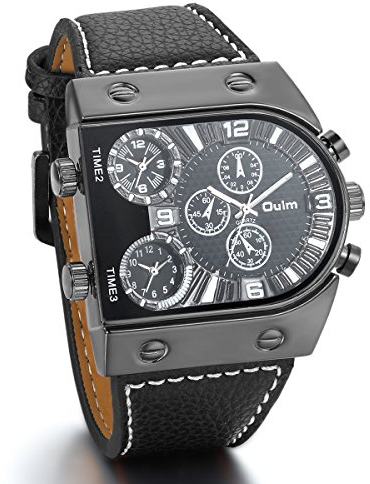 JewelryWe Vatertagsgeschenk Herren Armbanduhr, 3 Zeitzone übergroße Militär Sportuhr Analog Quarz Uhr mit Schwarz Leder Armband & Schwarz Zifferblatt