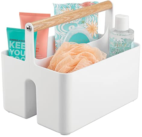 mDesign Badezimmer Aufbewahrungsbox – Korb mit Griff zur Kosmetikaufbewahrung – Bad Organizer mit zwei Fächern – weiß/eichenfarben