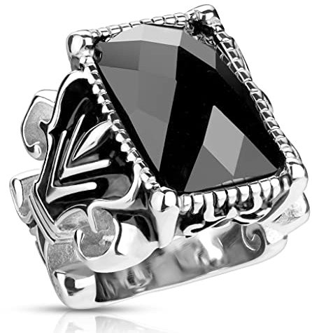 UrbanBijoux Bague chevalière Homme Acier Pierre Onyx Noire Fleur de lys Gothique - 72