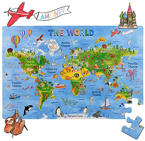 World Map Big Floor Puzzle With Thick Jigsaw Pieces - Great for Kids Ages 4-8 Years and Older - Can Also be Used on a Table