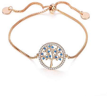 Bracelet arbre de vie pour les femmes, bracelet réglable en cuivre plaqué or rose argenté et bracelet en argent avec brillant cadeau en cristal de zircone cubique pour les amis, maman (Plaqué or)
