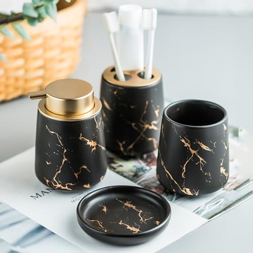 Ceramic Bathroom Accessories Set - 4 Piece Creative Bath Set with Toothbrush Holder, Toothbrush Cup, Soap Dish, Soap Dispenser, Bathroom Counter Accessories Sets (Matte Black)