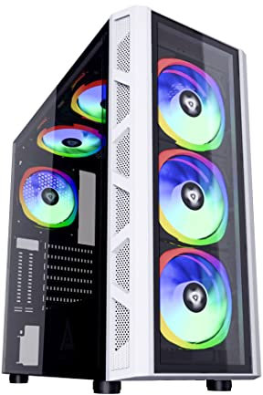 Apevia GD-PRO-WH Guardian Pro Mid Tower Gaming Case with 2 x Tempered Glass Panel, 2 x Vertical Graphics Card PCI-E Slot, Top USB3.0/USB2.0/Audio Ports, 6 x RGB Fans, White Frame