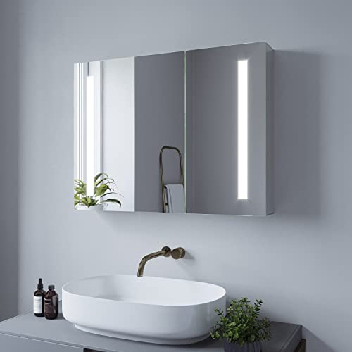 AQUABATOS Badezimmer Spiegelschrank 80 x 60 cm mit LED Beleuchtung Aluminium Badschrank 2-türig drehbar doppelt verspiegelt IR-Sensor dimmbar antibeschlag Kaltweiß Licht 6400 Kelvin