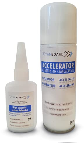 Cyanboard, Kit colle cyanoacrylate haute viscosité (50grs) + activateur accélérateur couvre pores (200 ml). Colle instantanée pour matériaux poreux : bois, caoutchouc, cuir.