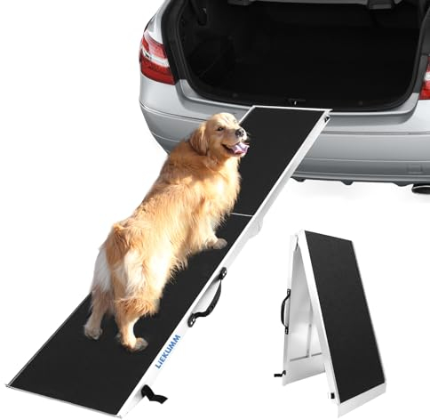 LIEKUMM Hunderrampe Auto Faltbar, 180 kg Tragkraft Aluminium Hundetreppe Auto Kofferraum Treppen Rampe, 184,5 x 38 cm Hundetreppe Auto für LKWs und SUVs