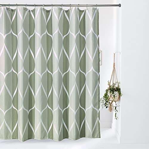 Geometrisch Duschvorhang mit Metall Duschvorhangringe Stoff Textil Badewannenvorhang Anti Schimmel Bad Vorhang Set Wasserdicht Badewanne Vorhang Schwerer Shower Curtain Badezimmer - 182 x 182cm (Grün)
