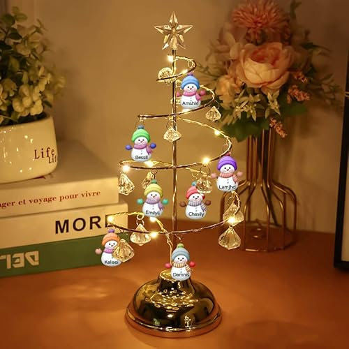 Personalisierter Schneemann-Weihnachtsbaum mit LED-Lichtern, personalisierbar, 1–10 Familienname, Tischplatte, Metall, Weihnachtsdekoration, Geschenke für Frauen, Ehefrau, Mutter, Großeltern,