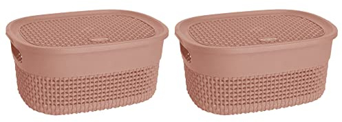 (Set of 2) 4L Litre Multipurpose Plastic Storage Basket with Lid & Handles Stackable Canvas Storage box Handy Basket Storage Container for Kitchen Bathroom Kids Toys Nursery Shelves Cupboards (Pink)
