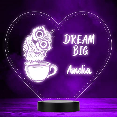 Dream Big Cute Owl in Teacup Heart LED Personalised Gift Night Light