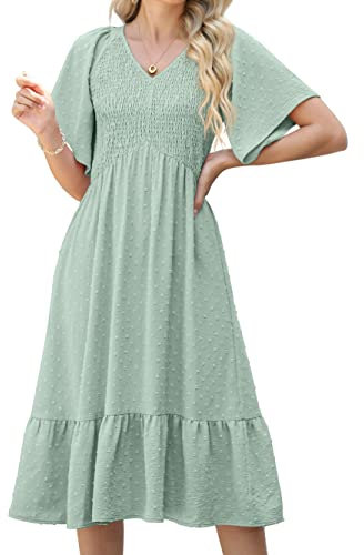 GRECERELLE Womens Summer Casual Midi Maxi Dress V Neck Flared Sleeve Elastic Waist Cocktail Long Dresses for Women (Light Green, M)