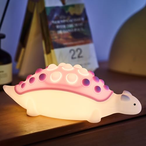 SALUOKE Veilleuse Dinosaure pour Enfant,Lamp en Silicone avec Bulle Pop,7 Modes de Veilleuse,Lampe Tactile Rechargeable,Décoration de Chambre de Bébé,Lamp Mignonne Cadeau pour Tout-Petits (violet)