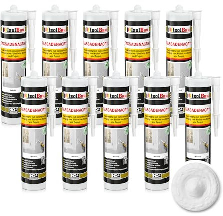 Isolbau Mastic acrylique pour façades - Mastic acrylique avec grain pour combler les fissures et les joints en intérieur et en extérieur - Blanc - Cartouche de 10 x 300 ml