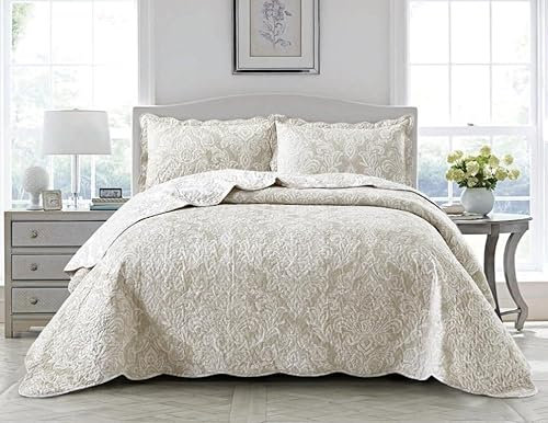PRIME LINENS Luxury 3 Piece Quilted Printed Bedspread Set Throw Bedding Set Includes Soft Bed Throw Comforter with 2 Pillow Shams Embroidered Machine Wash (Damask Beige, King)