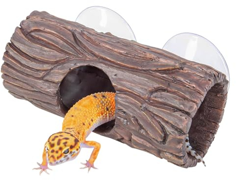 CAVACHEW Reptile Hide, Resin Hollow Log Hideout with 2pcs Powerful Suction Cup, Reptile Tank Accessories Climbing Toys Terrarium Hideaway Caves Decor for Gecko, Lizard, Snakes, Hermit Crabs, Forgs
