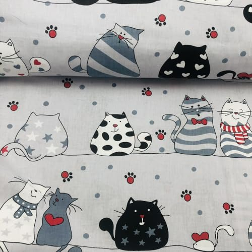 Fabreco - 100% Premium Baumwollstoff Meterware 50x160cm - verrückte Katzen grau | 220 g/lfm – Weich, langlebig & hautfreundlich | Stoffe Zum Nähen & Dekoration | Stoff Meterware - Fabric