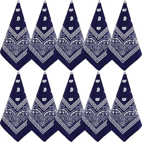 NACHLYNN 10 Stück Paisley-Bandanas, verschiedene Bandanas, Cowboy-Stirnbänder aus Polyester, quadratischer Schal, Kopfbedeckung (10, Navy blau)