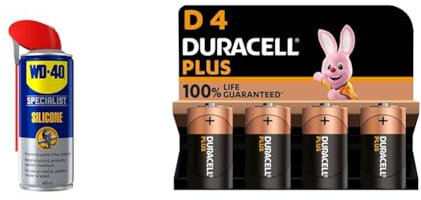 WD-40 Specialist Silicone Spray Lubricant 400ml Can - Versatile All-Weather Protection & Duracell Plus D Batteries (4 Pack) - Alkaline 1.5V - 100% Life Guaranteed - Reliability For Everyday