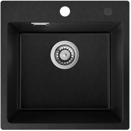 Auralum Spülbecken Schwarz 45 x 45 cm, Granit Spüle Schwarz Küchenspüle, Waschbecken Küche mit Siphon Ab- und Überlaufgarnitur, Granit Einbauspüle klein geeignet für 45 cm breite Unterschränke