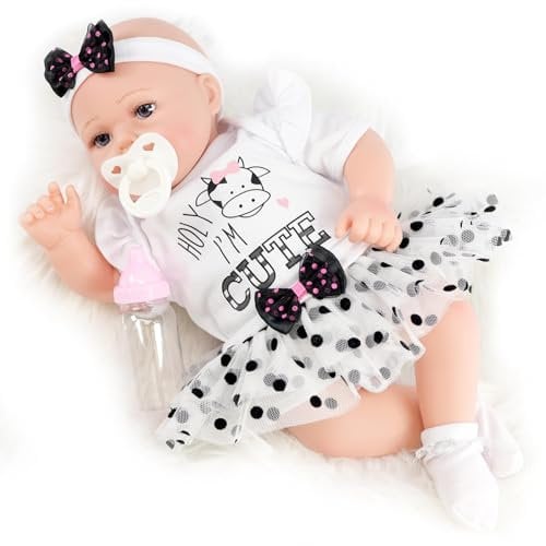 The Magic Toy Shop BiBi Doll Reborn Baby Girl “Jasmine” 17-Inch – Realistic Newborn with Vinyl Head, Cloth Body, Dummy, Milk Bottle, Birth Certificate & Cow-Themed Outfit – Dolls for Girls