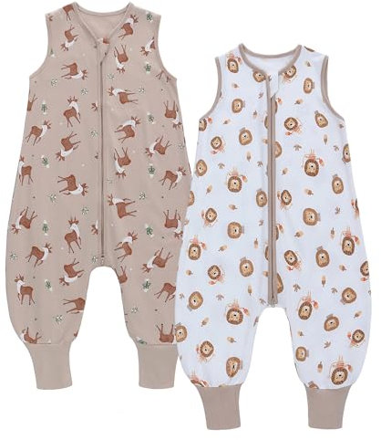 2er Pack Baby Schlafsack Sommer mit Füßen 0.5 Tog 100% Baumwolle Kinder Sommerschlafsack für Jungen und Mädchen (Löwe + Hirsch, L/95-105CM)