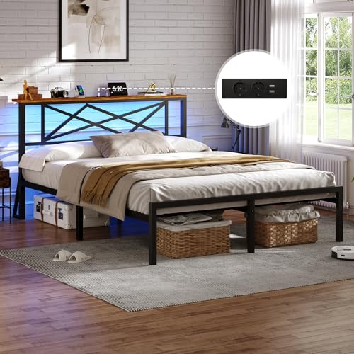 DICTAC Bettgestell 140x190 cm mit LED Beleuchtung, Bett 140x190 mit Steckdose und USB-Ladefunktion, Bettrahmen mit Holzkopfteil mit Stauraum-Robust und Stabil,Leichte Montage,Schwarzer