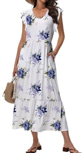Tanmolo Robe longue d'été pour femme - Robe de plage avec col en V - Style swing - Avec motif floral - Avec poches, roses violettes pastel, L