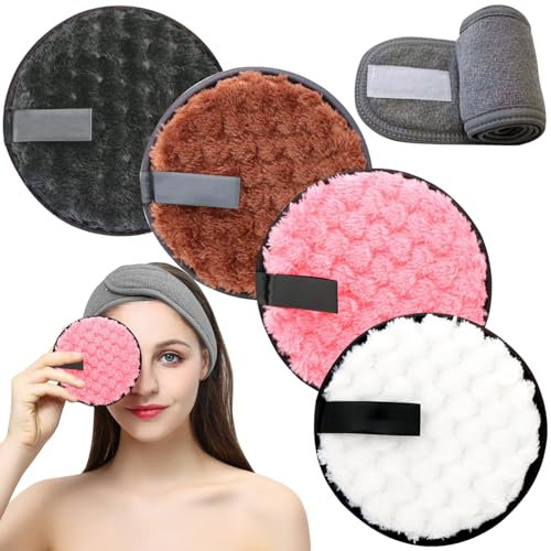 JSTHHTT 8 Stück Abschminkpads Waschbar, Waschbare Abschminkpads mit Grau Kosmetik Haarband, Wattepads, Wiederverwendbare Make-up Entferner Schwämme zur Gesichtsreinigung Hautpflege (4 Farben)