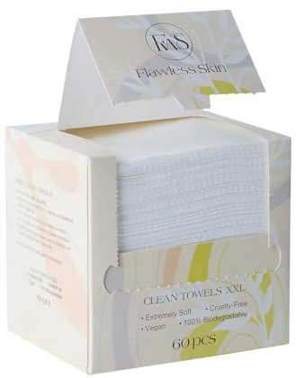 FWS Flawless Skin Clean Towels XXL, Extremely Soft Biodegradeable, Disposable Face Towel, Makeup Remove Wipes, Ultra Soft, Box of 60 towels