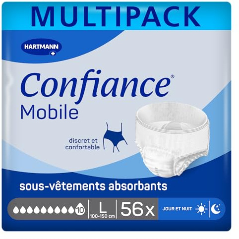 Confiance Mobile 10 Gouttes Slips Absorbants Unisexes | Taille L | 4 x 14 unités, protections pour fuites urinaires importantes, discrètes et confortables, pH neutre à la peau