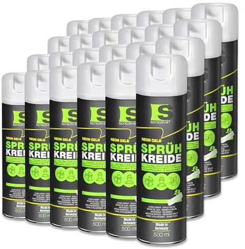 Spraytive 24 x 500ml Sprühkreide Neon-Gelb Kreidespray Markierungsspray | abwaschbar, wasserlöslich, leuchtende Kreidefarbe für Bodenmarkierung auf Rasen, Asphalt, Beton & Erde, Made in Germany