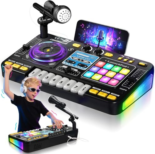 DJ Mixer for Kids, Toddler DJ Mixing Table with DJ Turntable, Game Mode, Light & Speed Control and Microphone, Gifts for 3 4 5 6 Years Old Boys Girls - Kid DJ Mixer Set
