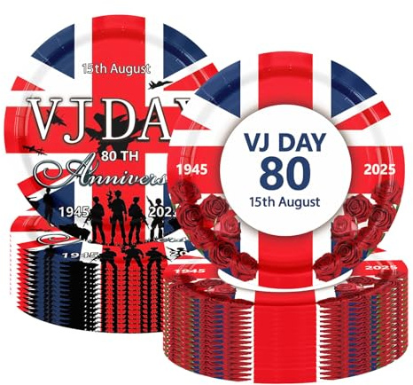 Aisszhao 32Pcs VJ Day Plates 80th Anniversary Party Tableware,Celebration VJ-Day 80th Paper Plates Memorabilia Party Plate Victory in Europe,VJ 80 Years Dinnerware Kit for Celebrat Partys Plate Décor