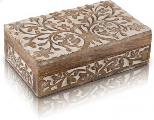 SWACRAFT Wood Tree of Life Keepsake Jewellery Box Organiser Unique Gift Ideas for Men & Women Wooden Jewellery Storage Multipurpose Treasure Box Organizer Travel Keepsake | 8 X 5 X 2.5 Inch (White)