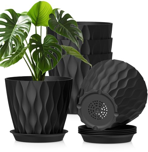 WSMKSZ 20cm Plant Pots Indoor Outdoor, 5 Pack Plastic Flower Pots, Black | Decorative House Planters Pots with Saucers & Drainage Holes, 3D Modern Wave Texture, for Pothos, Peace Lilys