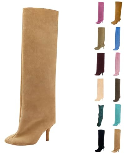 Knähöga stövlar dam vikbar över, vida stövlar dam med klack, cowboystövlar fashionabla västerländska stövlar flock skaftstövlar bekväma vinterstövlar enfärgade damstövlar eleganta vinterskor