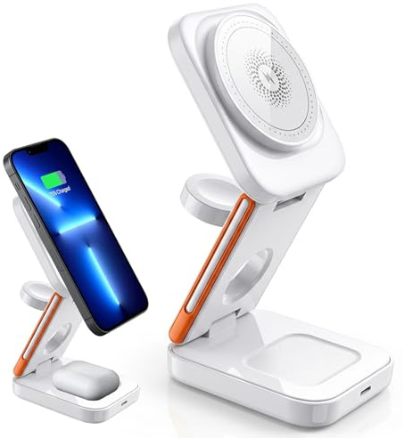 Cargador Inalámbrico 3 en 1 Plegable para iPhone 17/16/15/14, Apple Watch | Ultra/9/8/7/6/SE y Auriculares, Estación de Carga Rápida 15W con Luz Nocturna y Base Antideslizante de Viaje,Blanco