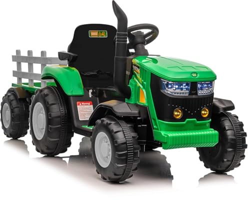 Trattore Elettrico per Bambini, Batteria 12V con Telecomando, Trattore con Rimorchio e Doppio Motore, Bluetooth/USB, Cambio a 3 Marce, Luci a 7 LED (Verde)