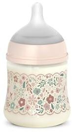 Suavinex, Biberón 150 ml con Tetina Fisiológica SX Pro de Silicona, con Válvula Anticólicos, Flujo Lento (S) para Leche Materna, Artificial o Agua, Bebés +0 Meses, Recién Nacidos, Wonder Flores Rosa