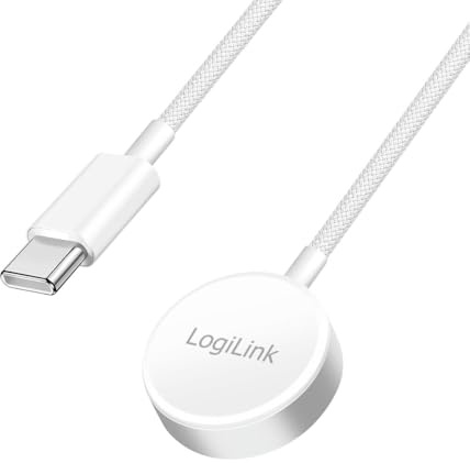 LogiLink Smartwatch-Ladekabel, Ladeadapter, Ladestation, Ladegerät, Ladepad, Induktionsladen, Apple Watch 0–10/SE-Serie/Ultra 1/2/3, 1 m, Farbe: Weiß