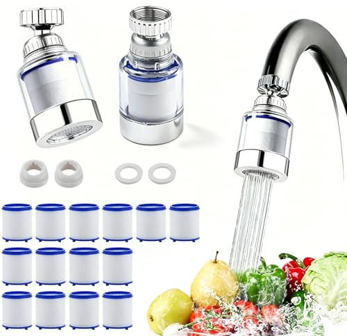 Thhiit 2pcs Water Tap Filters + 14 Filter Cartridges, 360 Degree Rotating Hard Water Faucet Filters for Kitchen Shower Bathroom