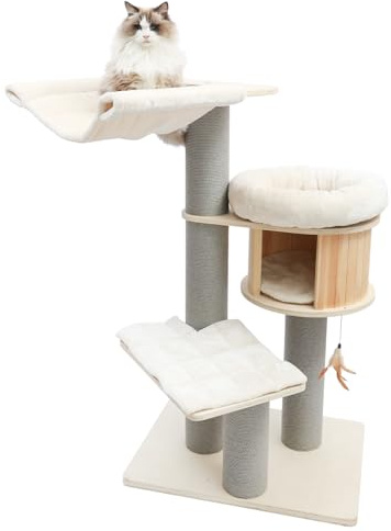 CanadianCat Company | Kratzbaum Remy 130 cm - Katzenbaum mit Holzhöhle und Liegeflächen - Kratzsäulen Ø15 cm mit Papierseil - Plüsch - Natur grau weiß