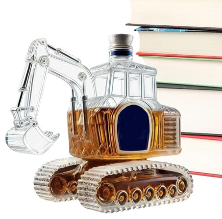 Whiskey Bottle – Glass Liquor, Decanter Novelty, Bulldozer Front Loader Design, Swing Arm Jigger Meter, Treaded Wheel Storage Base | Pour for Spoil Bourbon Rye Rum Tequila Cognac Liqueur Gin Use