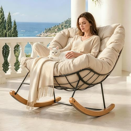 SANODESK Schaukelstuhl mit Kopfstütze & 159 kg Belastbarkeit | für Wohnzimmer, Schlafzimmer, Leseecke, Balkon oder Garten, perfekt zum Entspannen, Lesen oder für ruhige Momente (Beige)