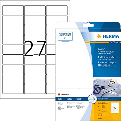 HERMA 4511 Namensetiketten ablösbar, 20 Blatt, 63,5 x 29,6 mm, 27 pro A4 Bogen, 540 Stück, selbstklebend, bedruckbar, rückstandsfrei abziehbare Acetatseide Namensaufkleber Etiketten, weiß