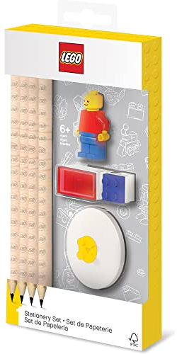 Lego Bleistifte Schreibwaren Set mit Minifigur - 4 Bleistifte, 1 Bleistiftaufsatz, 1 Bleistiftspitzer, 1 Radiergummi Kinder, Schulschreibset, Lego schulsachen Geschenk - ab 6 Jahren