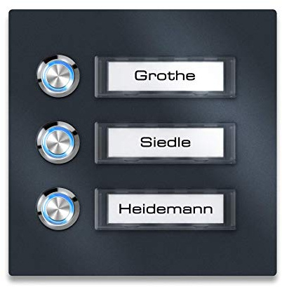 Metzler Türklingel Edelstahl Anthrazit - Namensschild austauschbar - LED-Taster - Aufputz-Montage (Blau)