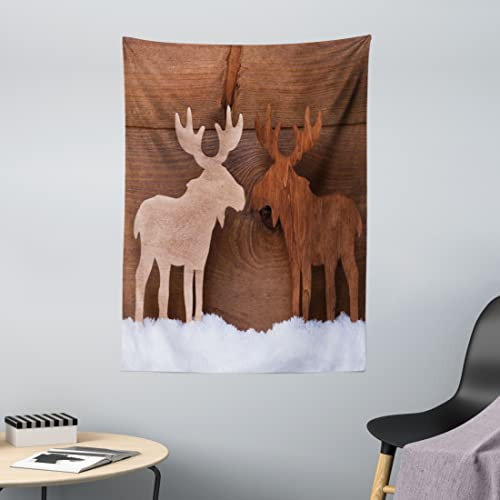 ABAKUHAUS Elch Wandteppich Romantische Weihnachtszeitaus Weiches Mikrofaser Stoff 110x150cm Moderner Digitaldruck Waschbar, Braun und bräunlich