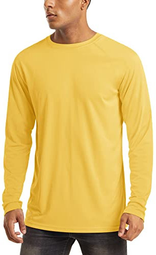 MAGCOMSEN Gym T Shirts for Men Quick Dry Lightweight Tshirt Mens Round Neck Long Sleeve Sun Protection Shirts Yellow